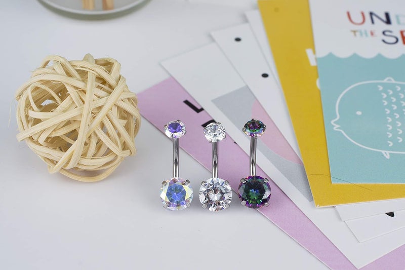 HQLA 14G Belly Button Rings Surgical Stainless Steel Round Cubic Zirconia Navel Barbell Stud Body Piercing - Image 3